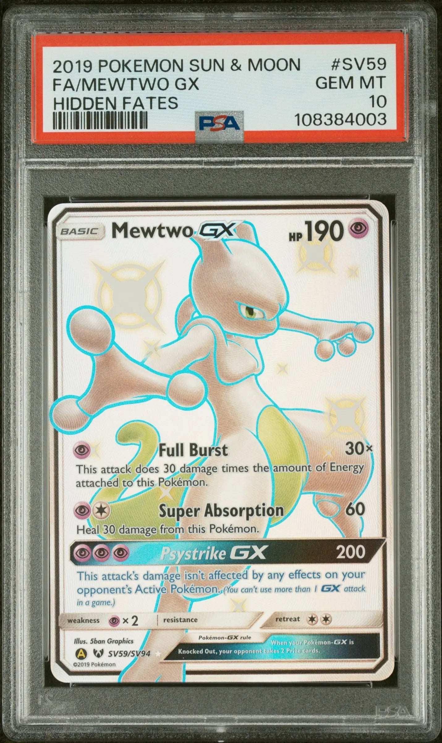 PSA 10 - 2019 POKEMON SUN & MOON HIDDEN FATES #SV59 FA/MEWTWO GX HIDDEN FATES - Doe's Cards