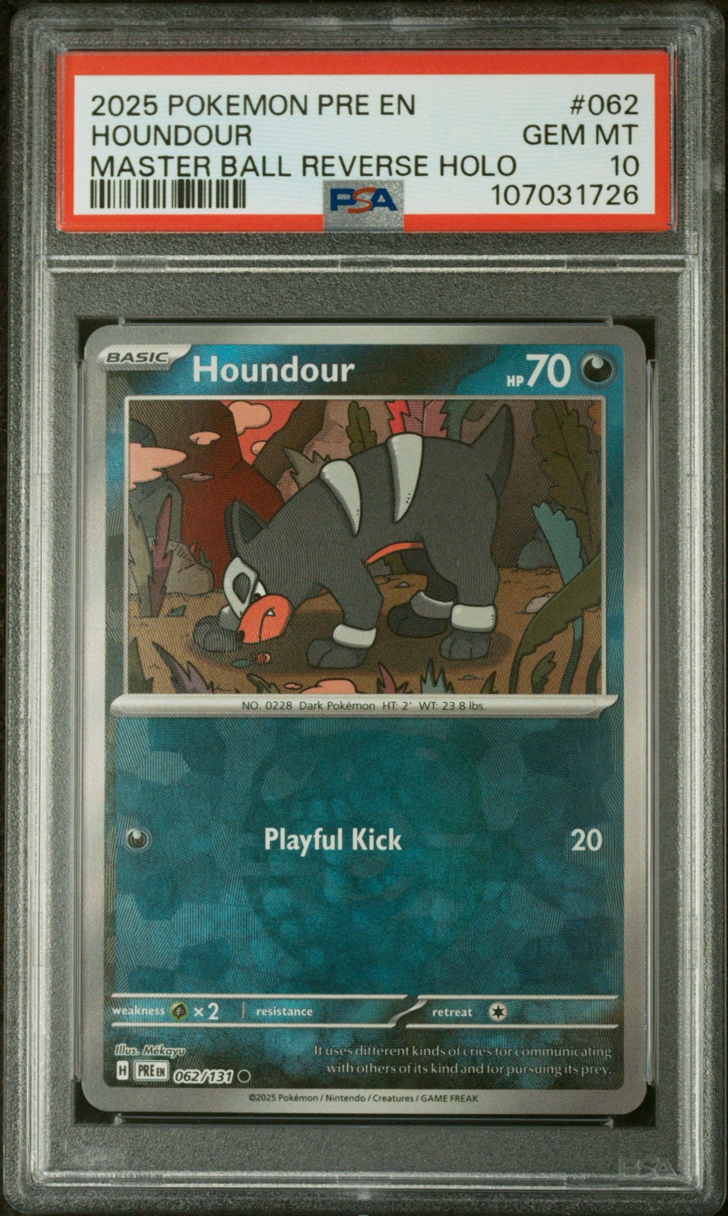 PSA 10 - 2025 POKEMON PRE EN-PRISMATIC EVOLUTIONS #062 HOUNDOUR MASTER BALL REVERSE HOLO - Doe's Cards