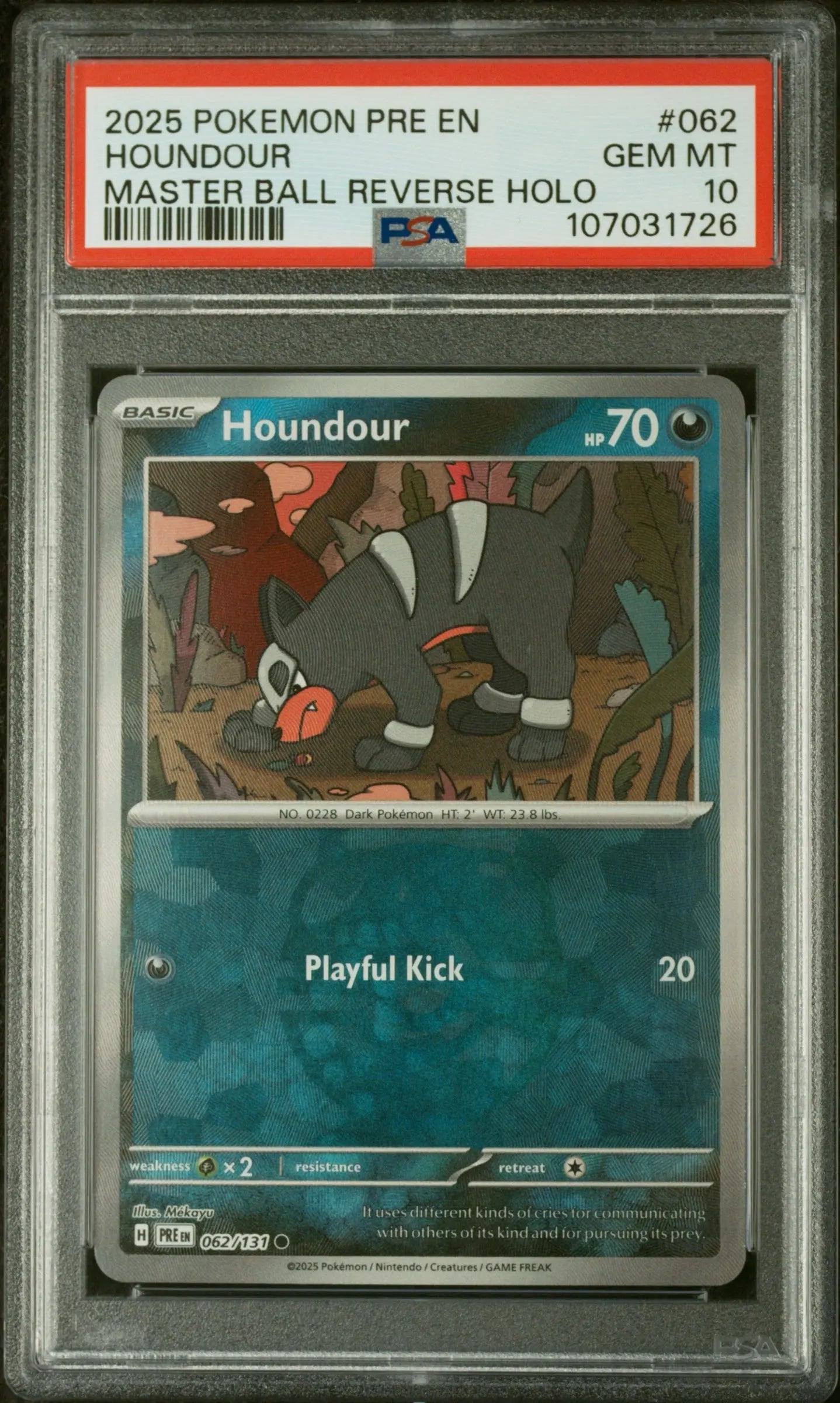 PSA 10 - 2025 POKEMON PRE EN-PRISMATIC EVOLUTIONS #062 HOUNDOUR MASTER BALL REVERSE HOLO - Doe's Cards