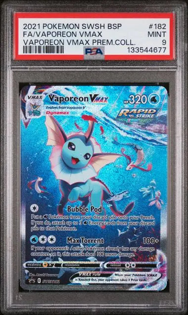 PSA 9 - 2021 POKEMON SWSH BLACK STAR PROMO #182 FA/VAPOREON VMAX VAPOREON VMAX PREM.COLL. Doe's Cards