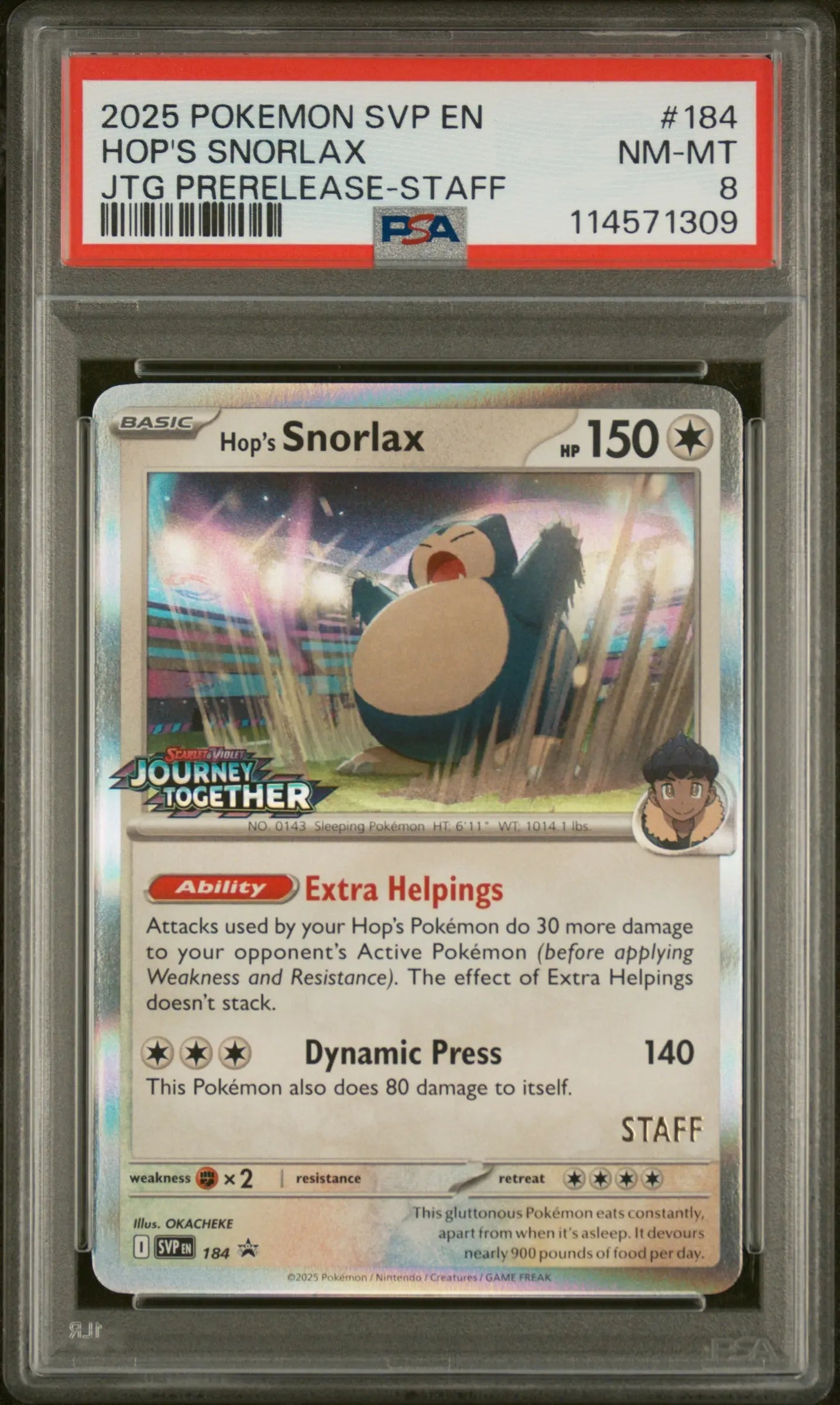 Hop's Snorlax 184 STAFF Prerelease Promo Journey Together PSA 8 - Doe's Cards