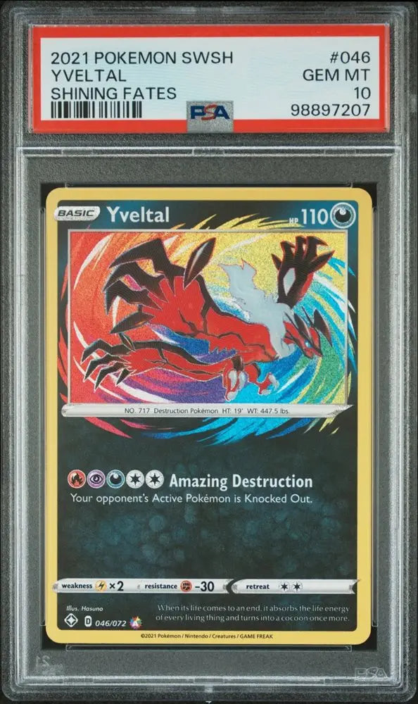 PSA 10 - 2021 POKEMON SWORD & SHIELD SHINING FATES #046 YVELTAL SHINING FATES - Doe's Cards