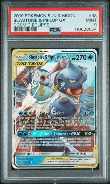 PSA 9 - 2019 POKEMON SUN & MOON COSMIC ECLIPSE #38 BLASTOISE & PIPLUP GX COSMIC ECLIPSE - Doe's Cards