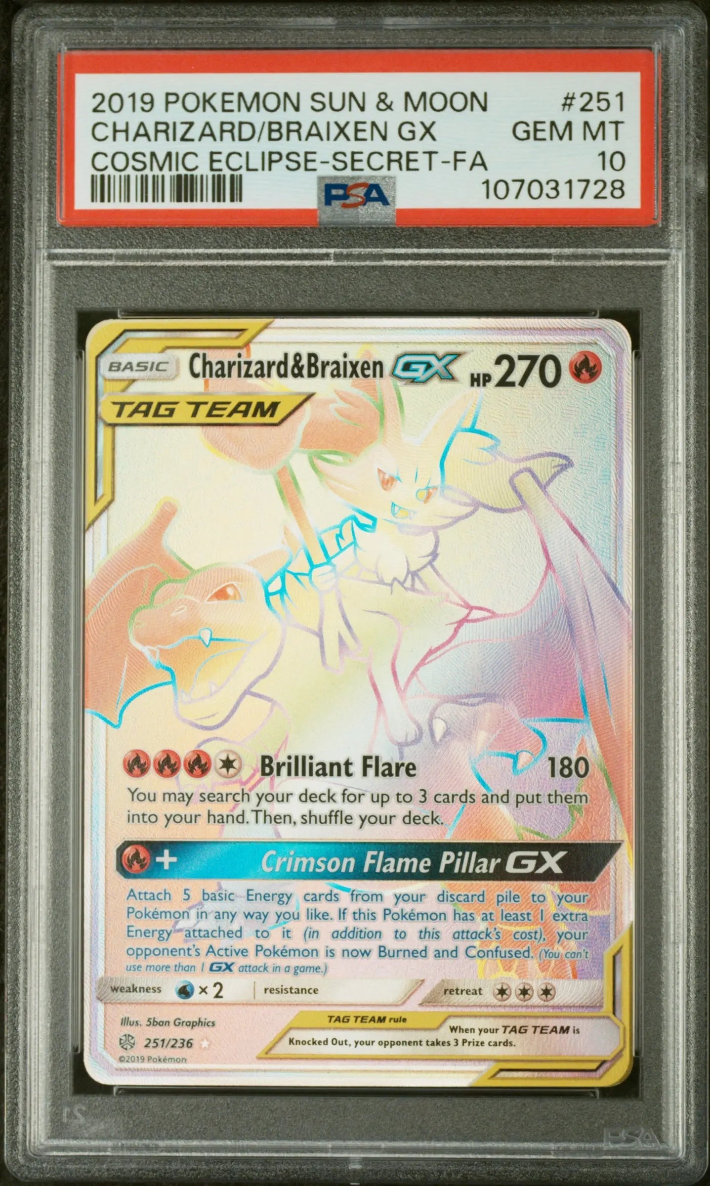 PSA 10 - 2019 POKEMON SUN & MOON COSMIC ECLIPSE #251 CHARIZARD/BRAIXEN GX COSMIC ECLIPSE-SECRET-FA - Doe's Cards