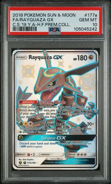 PSA 10 - 2018 POKEMON SUN & MOON CELESTIAL STORM #177a FA/RAYQUAZA GX C.S.'19 Y.A-H.F.PREM.COLL. - Doe's Cards