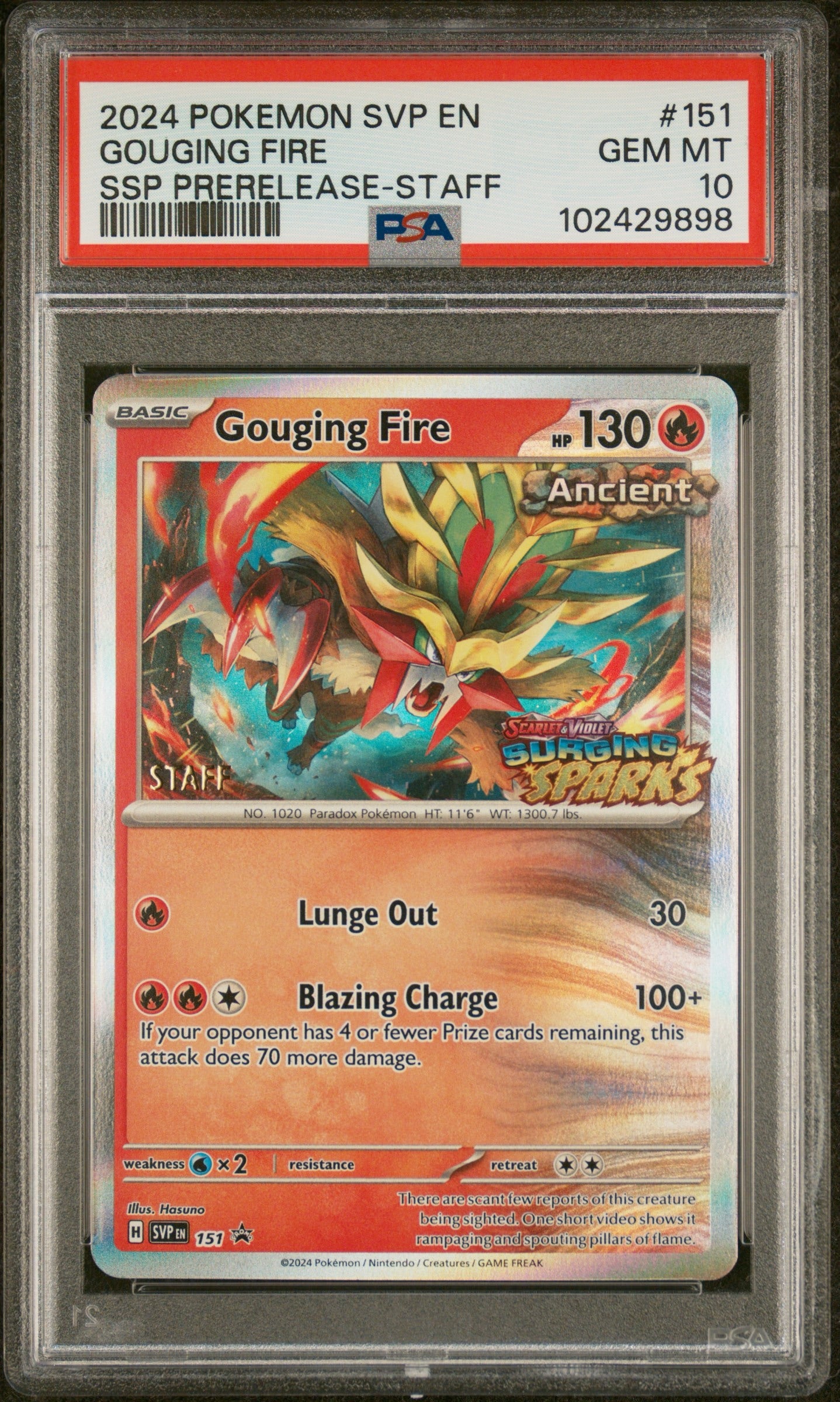 Psa 10 2024 POKEMON SVP EN-SV BLACK STAR PROMO #151 GOUGING FIRE SSP PRERELEASE-STAFF - Doe's Cards