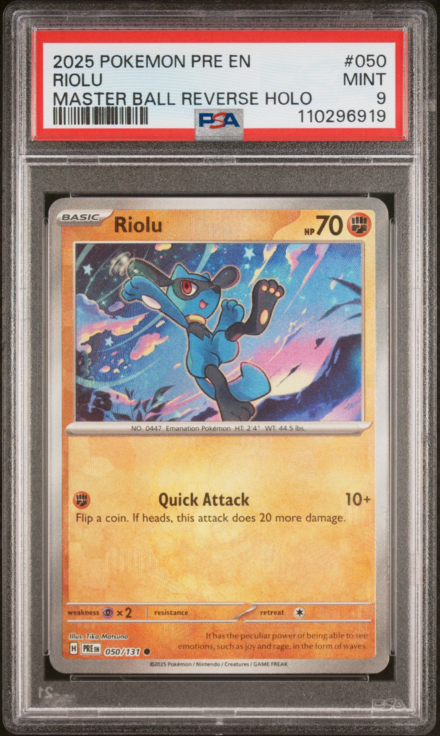 PSA 9 - 2025 POKEMON PRE EN-PRISMATIC EVOLUTIONS #050 RIOLU MASTER BALL REVERSE HOLO - Doe's Cards