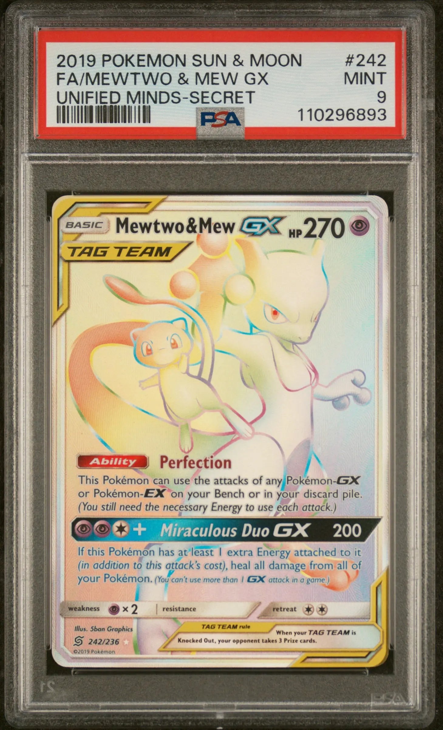 Psa 9 - 2019 POKEMON SUN & MOON UNIFIED MINDS #242 FA/MEWTWO & MEW GX UNIFIED MINDS-SECRET - Doe's Cards