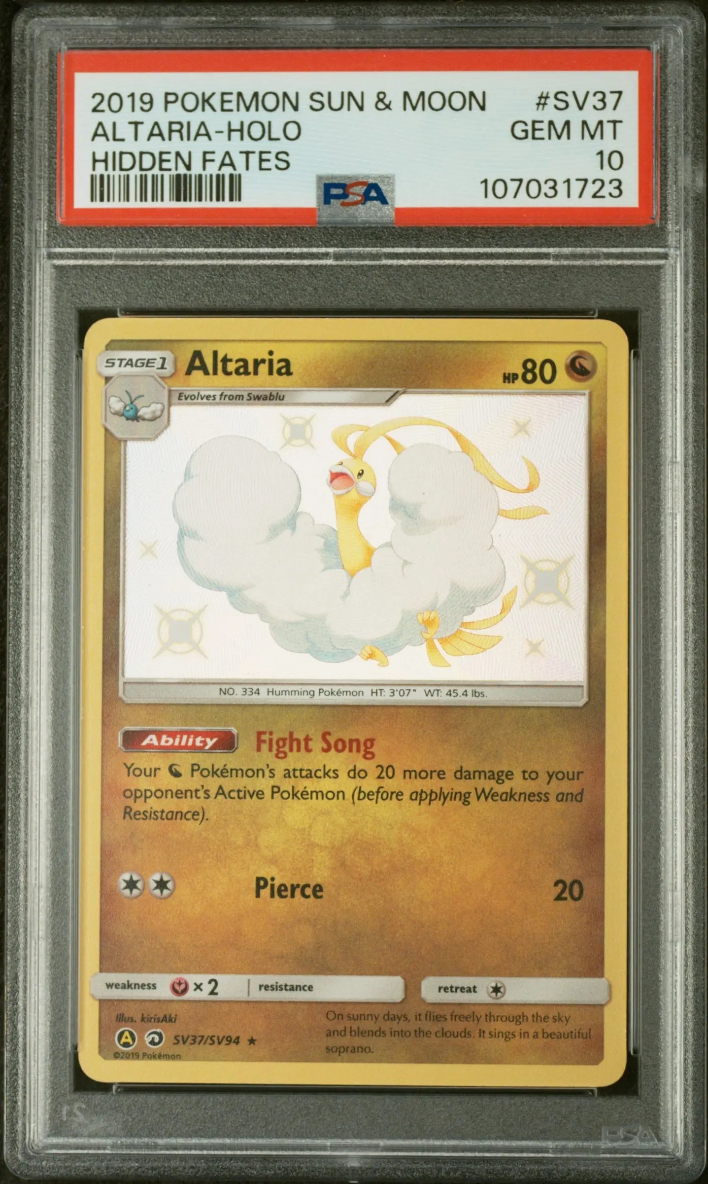 PSA 10 - 2019 POKEMON SUN & MOON HIDDEN FATES #SV37 ALTARIA-HOLO HIDDEN FATES - Doe's Cards