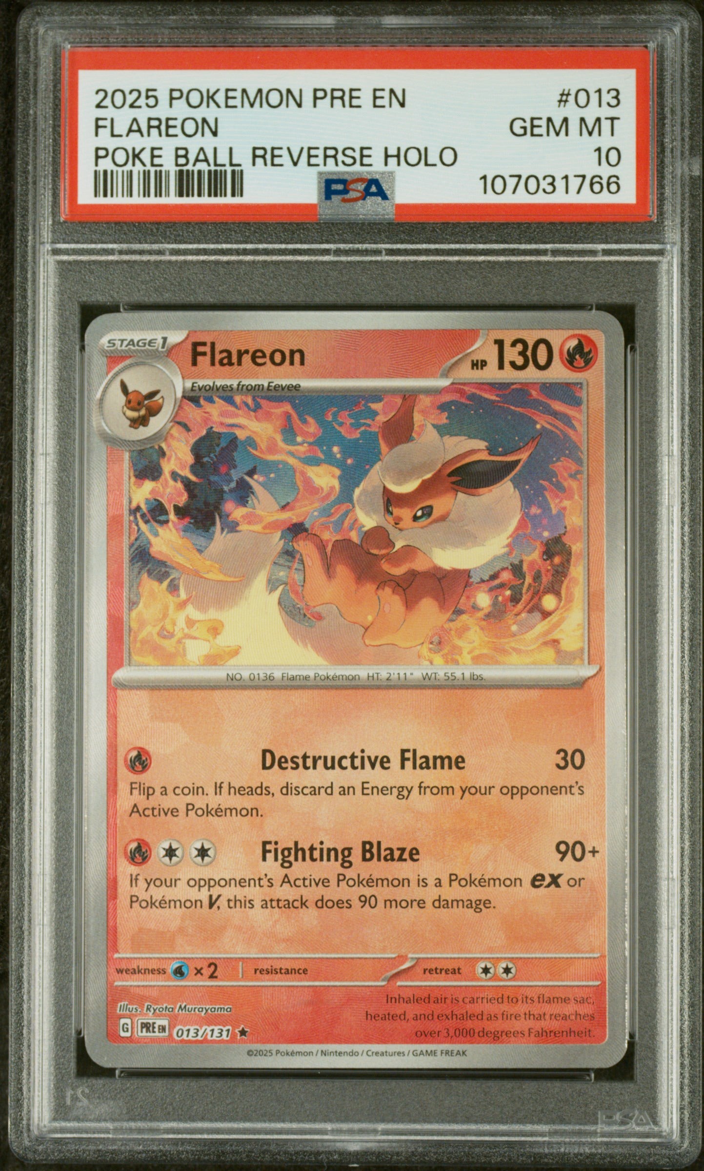 PSA 10 - 2025 POKEMON PRE EN-PRISMATIC EVOLUTIONS #013 FLAREON POKE BALL REVERSE HOLO - Doe's Cards