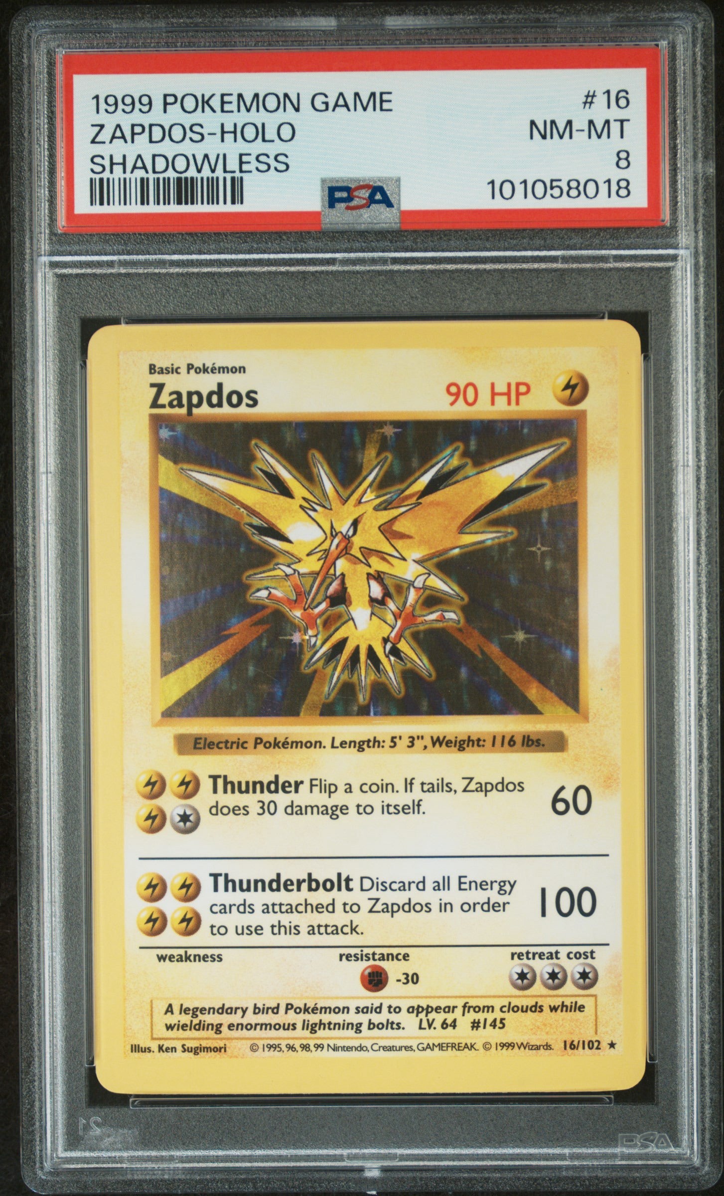 Psa 9 1999 POKEMON GAME #16 ZAPDOS-HOLO SHADOWLESS - Doe's Cards