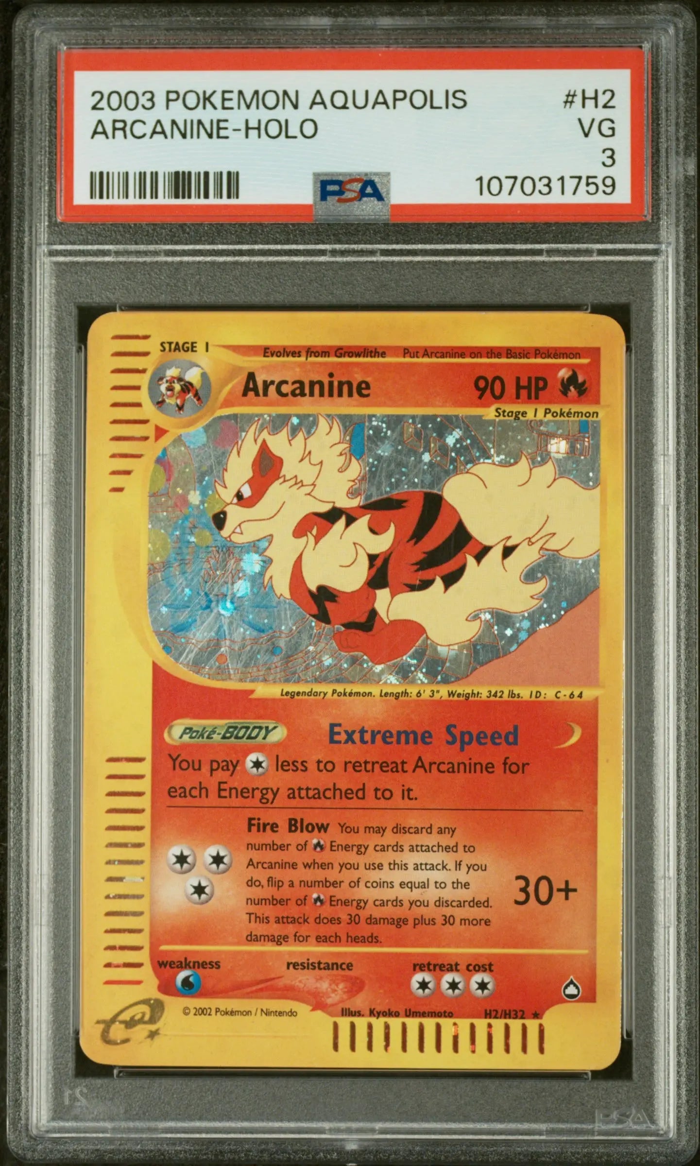 PSA 3 - 2003 POKEMON AQUAPOLIS #H2 ARCANINE-HOLO - Doe's Cards