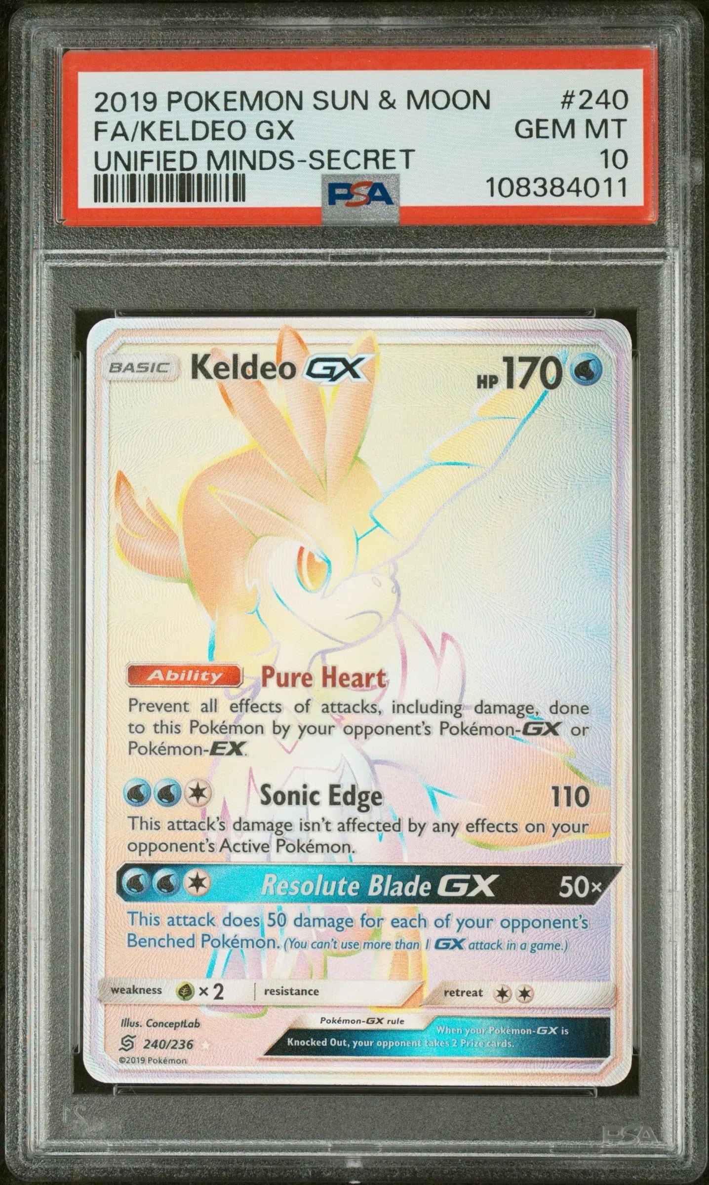 PSA 10 - 2019 POKEMON SUN & MOON UNIFIED MINDS #240 FA/KELDEO GX UNIFIED MINDS-SECRET - Doe's Cards