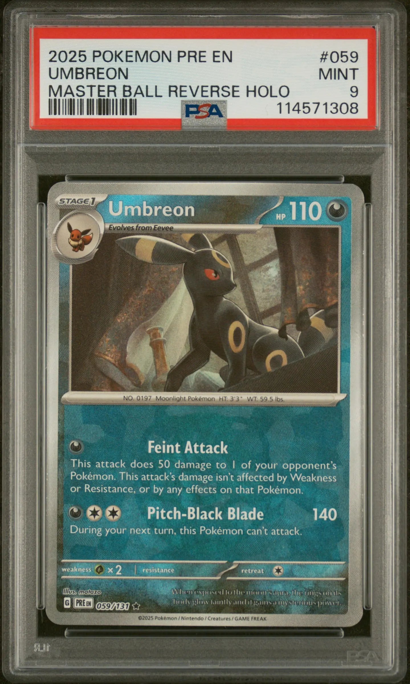 2025 POKEMON PRE EN-PRISMATIC EVOLUTIONS MASTER BALL REVERSE HOLO UMBREON PSA 9 - Doe's Cards