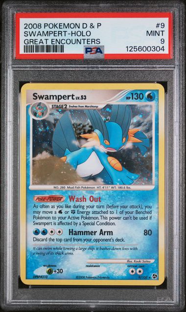 PSA 9 - 2008 POKEMON DIAMOND & PEARL GREAT ENCOUNTERS #9 SWAMPERT-HOLO GREAT ENCOUNTERS