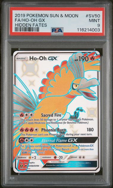 2019 POKEMON SUN & MOON HIDDEN FATES #SV50 FA/HO-OH GX HIDDEN FATES PSA 9 - Doe's Cards