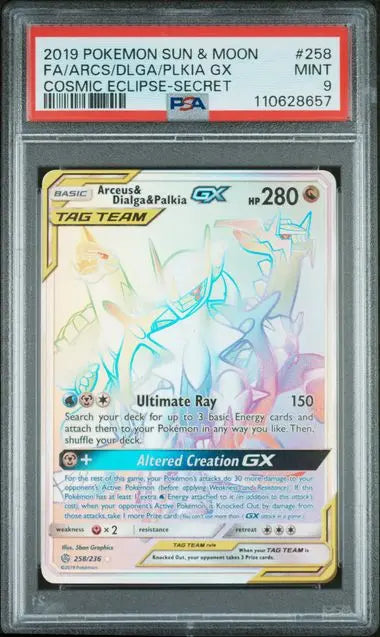 PSA 9 - 2019 POKEMON SUN & MOON COSMIC ECLIPSE #258 FA/ARCS/DLGA/PLKIA GX COSMIC ECLIPSE-SECRET - Doe's Cards