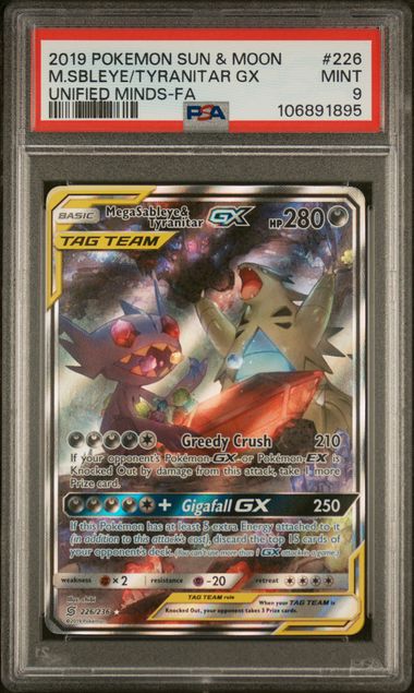 PSA 9 - 2019 POKEMON SUN & MOON UNIFIED MINDS #226 M.SBLEYE/TYRANITAR GX UNIFIED MINDS-FA