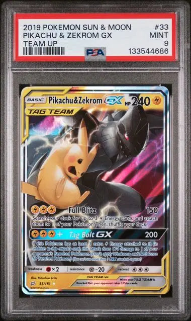 PSA 9 - 2019 POKEMON SUN & MOON TEAM UP #33 PIKACHU & ZEKROM GX TEAM UP Doe's Cards