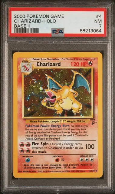 PSA 7 -2000 POKEMON GAME BASE II #4 CHARIZARD-HOLO BASE II WITH SWIRL - Doe's Cards