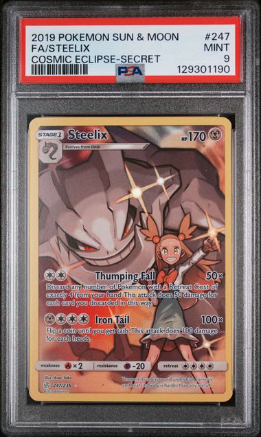 PSA 9 - 2019 POKEMON SUN & MOON COSMIC ECLIPSE #247 FA/STEELIX COSMIC ECLIPSE-SECRET Doe's Cards