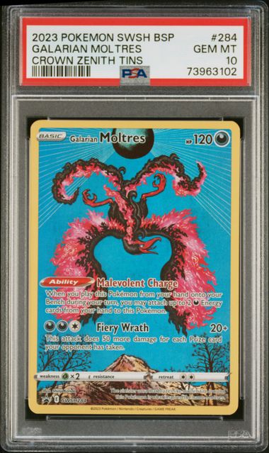 PSA 10 - 2023 POKEMON SWSH BLACK STAR PROMO #284 GALARIAN MOLTRES CROWN ZENITH TIN