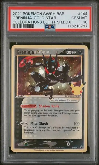 PSA 10 - 2021 POKEMON SWSH BLACK STAR PROMO #144 GRENINJA-GOLD STAR CELEBRATIONS ELT.TRNR.BOX - Doe's Cards