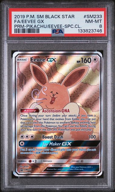 PSA 8 - 2019 POKEMON SM BLACK STAR PROMO #SM233 FA/EEVEE GX PRM-PIKACHU/EEVEE-SPC.CL. Doe's Cards