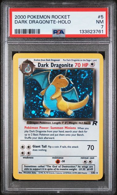 PSA 7 - 2000 POKEMON ROCKET #5 DARK DRAGONITE-HOLO (HUGE SWIRL) Doe's Cards