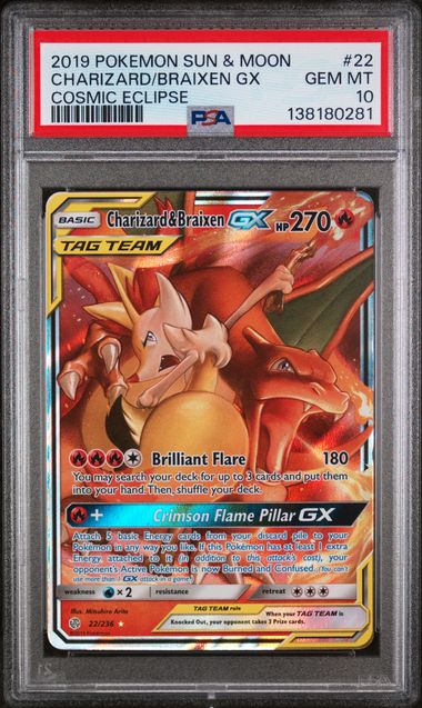 PSA 10 - 2019 POKEMON SUN & MOON COSMIC ECLIPSE #22 CHARIZARD/BRAIXEN GX COSMIC ECLIPSE Doe's Cards