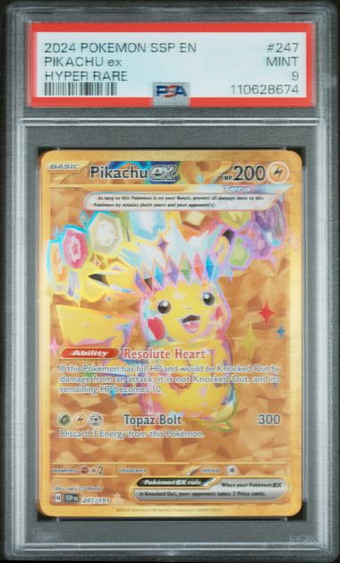 PSA 9 - 2024 POKEMON SSP EN-SURGING SPARKS #247 PIKACHU ex HYPER RARE - Doe's Cards