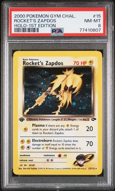 PSA 8 - 2000 POKEMON GYM CHALLENGE #15 ROCKET'S ZAPDOS HOLO-1ST EDITION - Doe's Cards