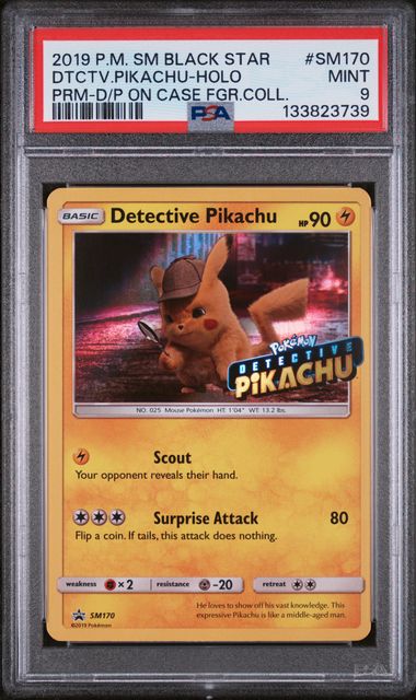 PSA 9 - 2019 POKEMON SM BLACK STAR PROMO #SM170 DTCTV.PIKACHU-HOLO PRM-D/P ON CASE FGR.COLL. Doe's Cards