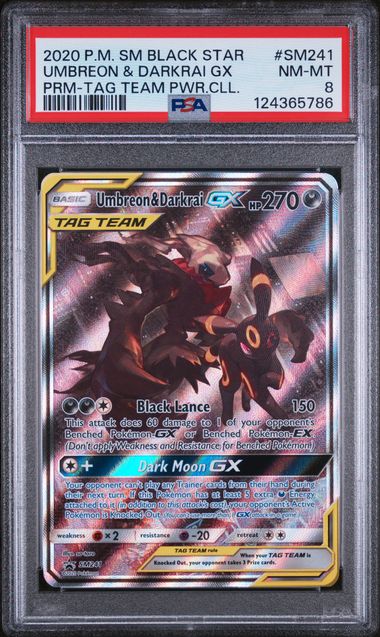 PSA 8 - 2020 POKEMON SM BLACK STAR PROMO #SM241 UMBREON & DARKRAI GX PRM-TAG TEAM PWR.CLL. Doe's Cards