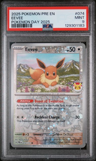PSA 9 - 2025 POKEMON PRE EN-PRISMATIC EVOLUTIONS #074 EEVEE POKEMON DAY 2025 Doe's Cards