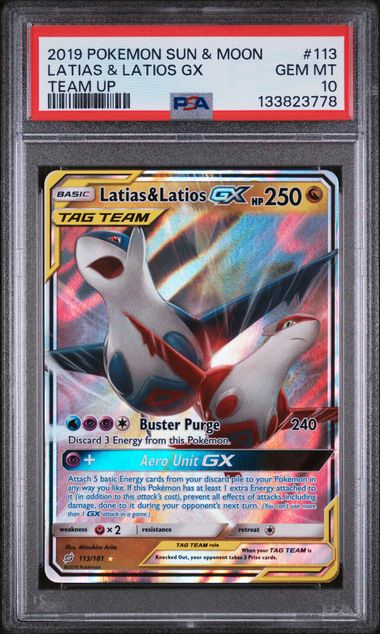 PSA 10 - 2019 POKEMON SUN & MOON TEAM UP #113 LATIAS & LATIOS GX TEAM UP Doe's Cards