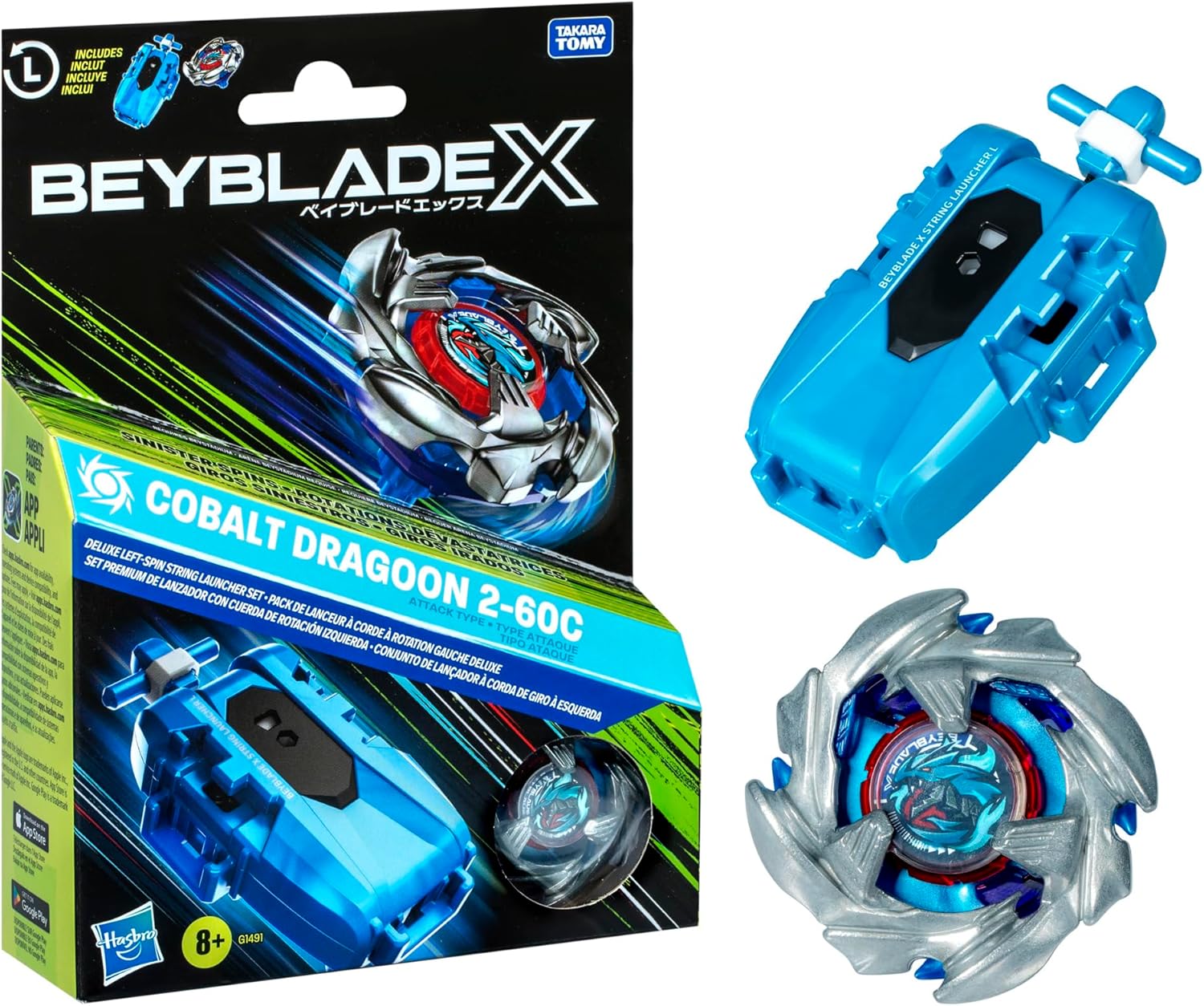 Beyblade X Cobalt Dragoon 2-60C Deluxe Left-Spin String Launcher Set with Attack Type Top Left-Spinning Top Hasbro