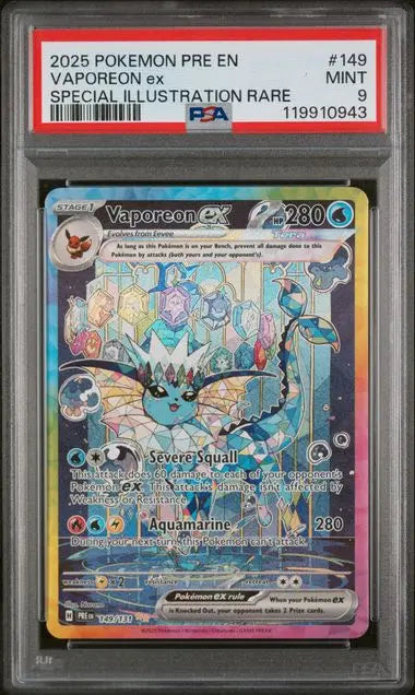 PSA 9 -2025 POKEMON PRE EN-PRISMATIC EVOLUTIONS #149 VAPOREON ex SPECIAL ILLUSTRATION RARE - Doe's Cards