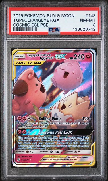 PSA 8 - 2019 POKEMON SUN & MOON COSMIC ECLIPSE #143 TGPI/CLFA/IGLYBF.GX COSMIC ECLIPSE Doe's Cards
