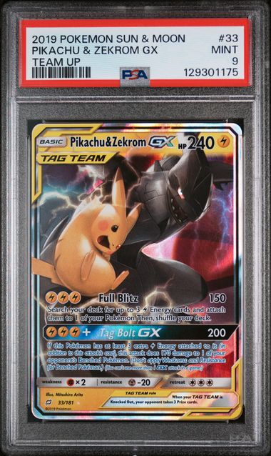 PSA 9 - 2019 POKEMON SUN & MOON TEAM UP #33 PIKACHU & ZEKROM GX TEAM UP Doe's Cards