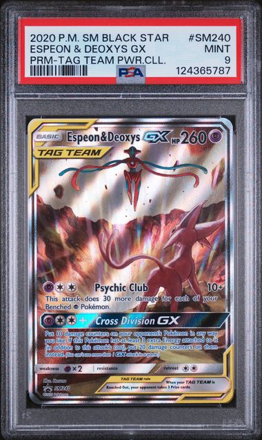 PSA 9 - 2020 POKEMON SM BLACK STAR PROMO #SM240 ESPEON & DEOXYS GX PRM-TAG TEAM PWR.CLL.