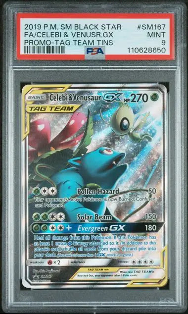 PSA 9 - 2019 POKEMON SM BLACK STAR PROMO #SM167 FA/CELEBI & VENUSR.GX PROMO-TAG TEAM TINS - Doe's Cards