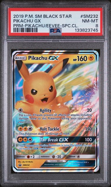 PSA 8 - 2019 POKEMON SM BLACK STAR PROMO #SM232 PIKACHU GX PRM-PIKACHU/EEVEE-SPC.CL. Doe's Cards