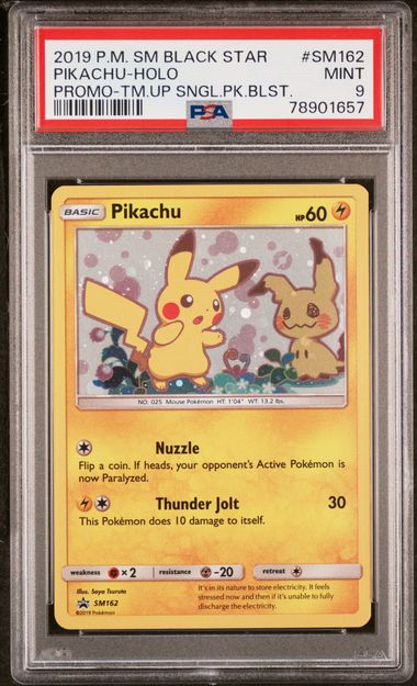 PSA 9 - 2019 POKEMON SM BLACK STAR PROMO #SM162 PIKACHU-HOLO PROMO-TM.UP SNGL.PK.BLST. Doe's Cards