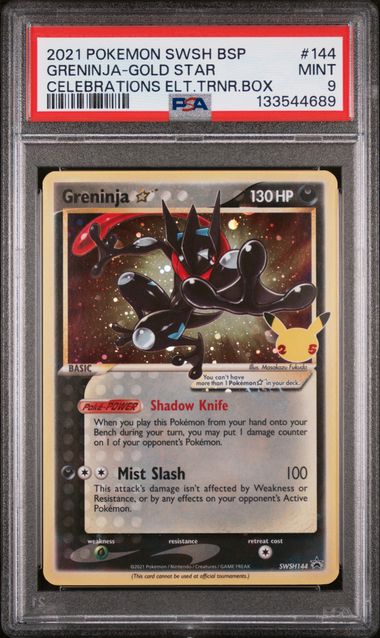 PSA 9 -2021 POKEMON SWSH BLACK STAR PROMO #144 GRENINJA-GOLD STAR CELEBRATIONS ELT.TRNR.BOX