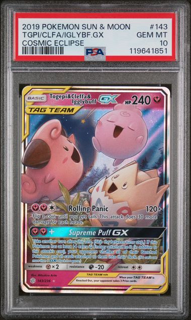 PSA 10 - 2019 POKEMON SUN & MOON COSMIC ECLIPSE #143 TGPI/CLFA/IGLYBF.GX COSMIC ECLIPSE