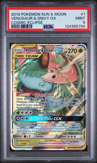 PSA 9 -2019 POKEMON SUN & MOON COSMIC ECLIPSE #1 VENUSAUR & SNIVY GX COSMIC ECLIPSE