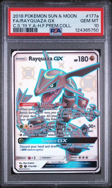 PSA 10 - 2018 POKEMON SUN & MOON CELESTIAL STORM #177a FA/RAYQUAZA GX C.S.'19 Y.A-H.F.PREM.COLL. Doe's Cards