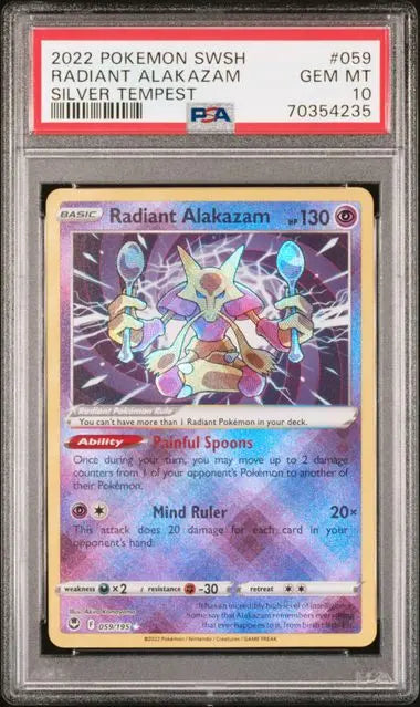 PSA 10 - 2022 POKEMON SWORD & SHIELD SILVER TEMPEST #059 RADIANT ALAKAZAM SILVER TEMPEST - Doe's Cards