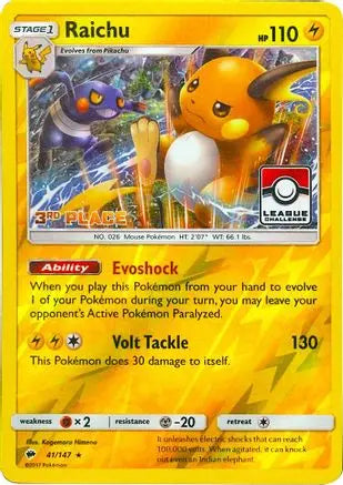 Raichu (41/147) (League Promo 3rd Place) [Sun & Moon: Burning Shadows] Pokémon
